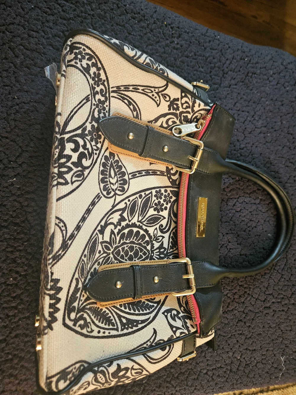 Black and Cream Floral Satchel with Gold Accents